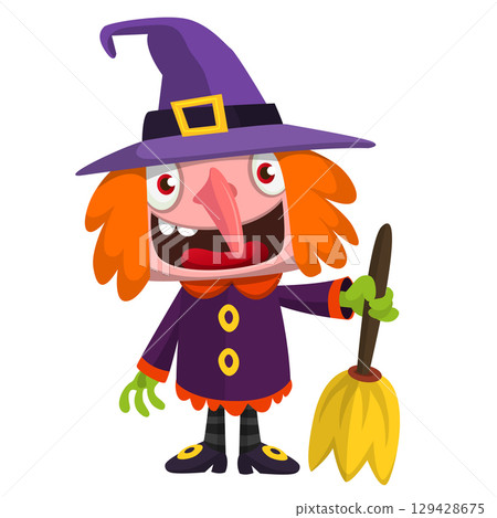 Cute cartoon witch character design. Halloween vector illustration of red haired witch lady in big hat with a broom. Cute cartoon witch character design. Halloween vector illustration of red haired witch lady in big hat with a broom. 129428675