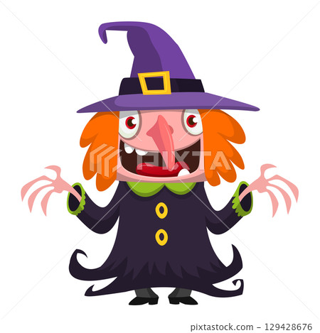 Cute cartoon witch character design. Halloween vector illustration of red haired witch lady in big hat with a broom. Cute cartoon witch character design. Halloween vector illustration of red haired witch lady in big hat with a broom. 129428676