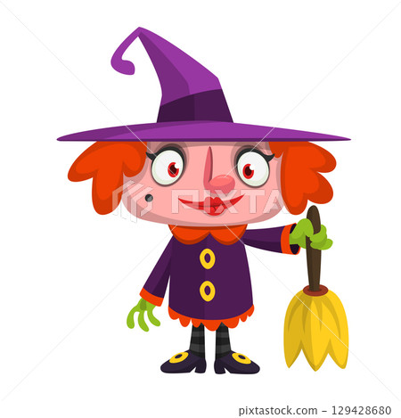 Cute cartoon witch character design. Halloween vector illustration of red haired witch lady in big hat with a broom. Cute cartoon witch character design. Halloween vector illustration of red haired witch lady in big hat with a broom. 129428680