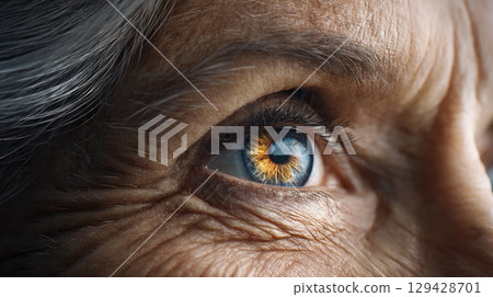 Beautiful, unusual, bright eye close-up with details of light blue iris. Ophthalmologist, buying glasses and optics, advertising vision 129428701