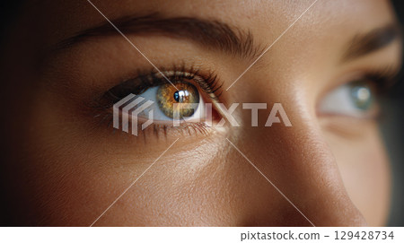 Beautiful, unusual, bright eye close-up with details of light blue iris. Ophthalmologist, buying glasses and optics, advertising vision 129428734