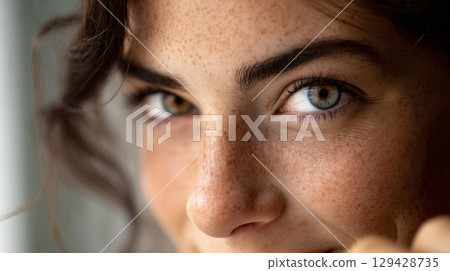 Beautiful, unusual, bright eye close-up with details of light blue iris. Ophthalmologist, buying glasses and optics, advertising vision 129428735