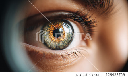Beautiful, unusual, bright eye close-up with details of light blue iris. Ophthalmologist, buying glasses and optics, advertising vision 129428739