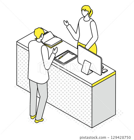 女接待員與男訪客之間的對話插圖 女接待員與男訪客之間的對話插圖 129428750