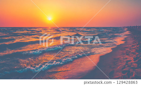 Beautiful sunset and waves coastal scenery 129428863