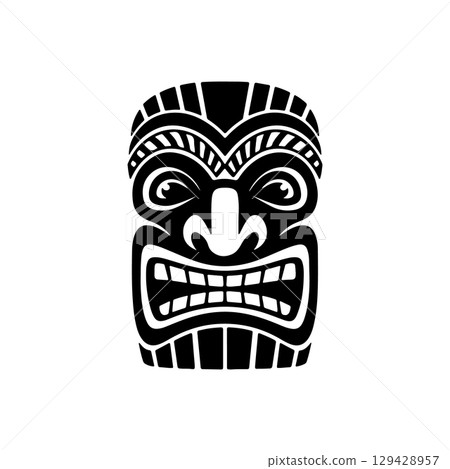 Tiki totem mask, Hawaiian indigenous vintage ritual mack. Hawaiian totems made wood and stone for bars and resorts for paradise holidays. Vector illustration Tiki totem mask, Hawaiian indigenous vintage ritual mack. Hawaiian totems made wood and stone for bars and resorts for paradise holidays. Vector illustration 129428957