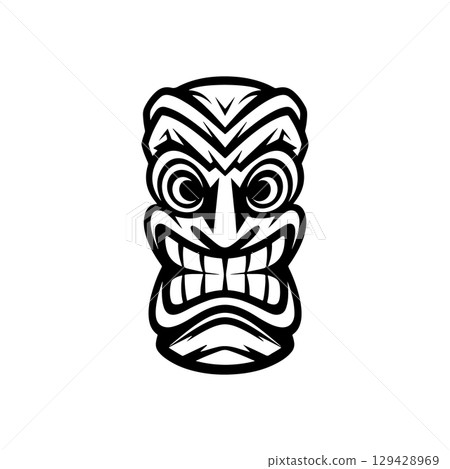 Tiki totem mask, Hawaiian indigenous vintage ritual mack. Hawaiian totems made wood and stone for bars and resorts for paradise holidays. Vector illustration Tiki totem mask, Hawaiian indigenous vintage ritual mack. Hawaiian totems made wood and stone for bars and resorts for paradise holidays. Vector illustration 129428969