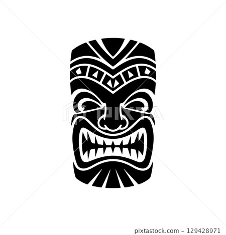 Tiki totem mask, Hawaiian indigenous vintage ritual mack. Hawaiian totems made wood and stone for bars and resorts for paradise holidays. Vector illustration Tiki totem mask, Hawaiian indigenous vintage ritual mack. Hawaiian totems made wood and stone for bars and resorts for paradise holidays. Vector illustration 129428971