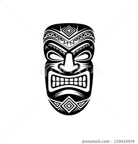Tiki totem mask, Hawaiian indigenous vintage ritual mack.  Hawaiian totems made wood and stone for bars and resorts for paradise holidays. Vector illustration 129428976