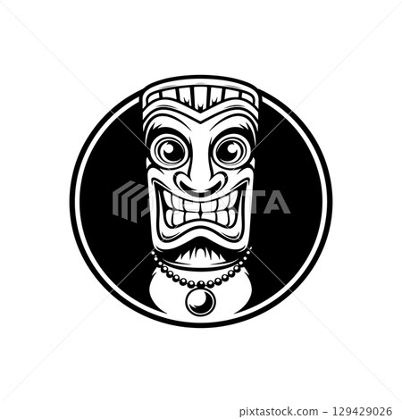Tiki totem mask, Hawaiian indigenous vintage ritual mack. Hawaiian totems made wood and stone for bars and resorts for paradise holidays. Vector illustration Tiki totem mask, Hawaiian indigenous vintage ritual mack. Hawaiian totems made wood and stone for bars and resorts for paradise holidays. Vector illustration 129429026