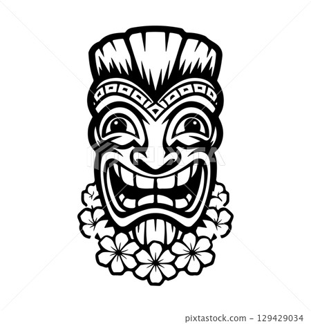 Tiki totem mask, Hawaiian indigenous vintage ritual mack.  Hawaiian totems made wood and stone for bars and resorts for paradise holidays. Vector illustration 129429034