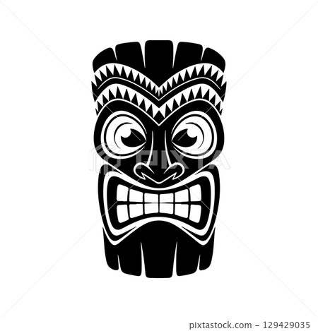 Tiki totem mask, Hawaiian indigenous vintage ritual mack. Hawaiian totems made wood and stone for bars and resorts for paradise holidays. Vector illustration Tiki totem mask, Hawaiian indigenous vintage ritual mack. Hawaiian totems made wood and stone for bars and resorts for paradise holidays. Vector illustration 129429035