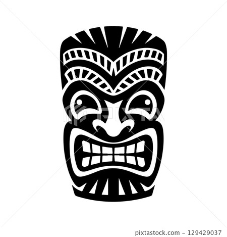 Tiki totem mask, Hawaiian indigenous vintage ritual mack. Hawaiian totems made wood and stone for bars and resorts for paradise holidays. Vector illustration Tiki totem mask, Hawaiian indigenous vintage ritual mack. Hawaiian totems made wood and stone for bars and resorts for paradise holidays. Vector illustration 129429037