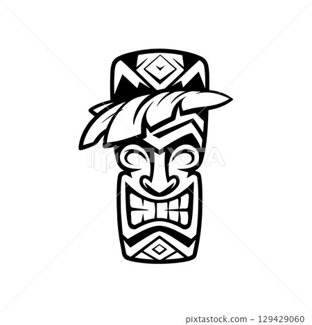 Tiki totem mask, Hawaiian indigenous vintage ritual mack. Hawaiian totems made wood and stone for bars and resorts for paradise holidays. Vector illustration Tiki totem mask, Hawaiian indigenous vintage ritual mack. Hawaiian totems made wood and stone for bars and resorts for paradise holidays. Vector illustration 129429060