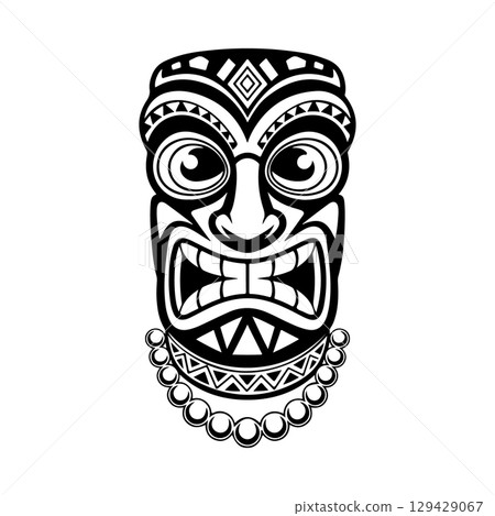 Tiki totem mask, Hawaiian indigenous vintage ritual mack.  Hawaiian totems made wood and stone for bars and resorts for paradise holidays. Vector illustration 129429067