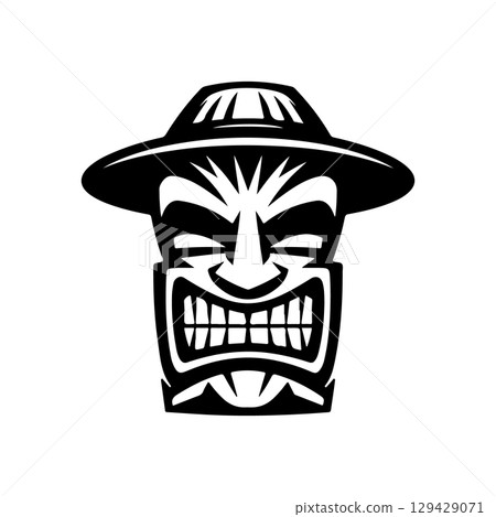 Tiki totem mask, Hawaiian indigenous vintage ritual mack. Hawaiian totems made wood and stone for bars and resorts for paradise holidays. Vector illustration Tiki totem mask, Hawaiian indigenous vintage ritual mack. Hawaiian totems made wood and stone for bars and resorts for paradise holidays. Vector illustration 129429071
