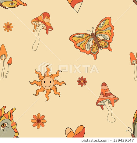 Autumn groovy vibes seamless pattern with mushrooms, butterfly celestial. Fall vibe vector illustration. Retro psychedelic background in 70s style 129429147