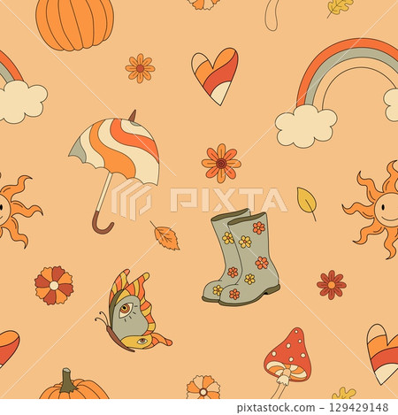 Autumn groovy seamless pattern with rainbow, mushrooms, umbrella. Fall vibes. Retro 70s vector illustration. Hippie style. Fabric, textile design 129429148