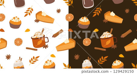 Latte, cappuccino, cupcake and pumpkin pie seamless pattern. Autumn hot drink and bakery flat vector illustration. Wrapping paper, fabric design Latte, cappuccino, cupcake and pumpkin pie seamless pattern. Autumn hot drink and bakery flat vector illustration. Wrapping paper, fabric design 129429150