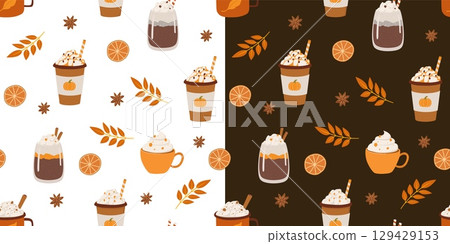 Pumpkin latte, cappuccino, hot chocolate flat seamless pattern. Autumn beverage vector illustration. Coffee shop, Wrapping paper, fabric design Pumpkin latte, cappuccino, hot chocolate flat seamless pattern. Autumn beverage vector illustration. Coffee shop, Wrapping paper, fabric design 129429153