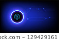 A digital fingerprint icon glowing in circular design, set against dark blue background with abstract lines and lights, symbolizing security and technology 129429161