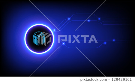 A digital fingerprint icon glowing in circular design, set against dark blue background with abstract lines and lights, symbolizing security and technology A digital fingerprint icon glowing in circular design, set against dark blue background with abstract lines and lights, symbolizing security and technology 129429161