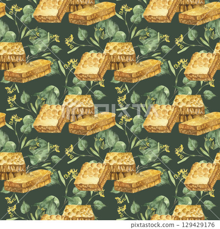 Organic floral watercolor seamless pattern on dark with natural honey golden combs and green linden branches illustration.Rustic style background for home textile ,fabric design. Elegant foliage 129429176