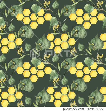 Floral greenery watercolor seamless pattern on dark with linden branches and golden honey combs illustration.Foliage background with organic food and botanical elements for textile,packing design 129429177