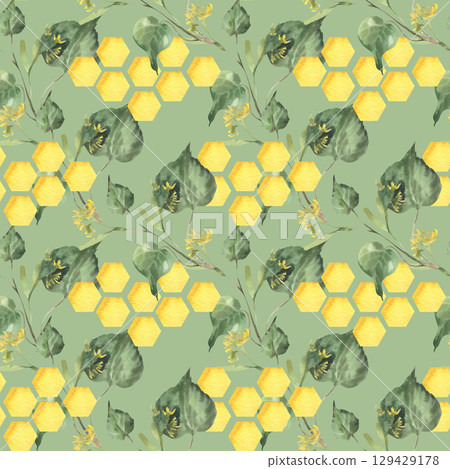 Floral greenery watercolor seamless pattern on green with linden branches and golden honey combs illustration.Foliage background with organic food and botanical elements for textile,packing design 129429178