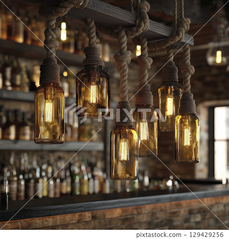 Industrial style chandelier made of glass jars with rope details, hanging above bar in rustic setting, creating warm ambient lighting and cozy atmosphere 129429256