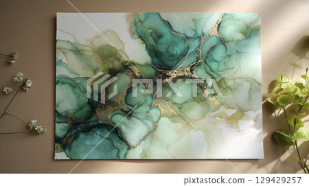 Abstract green alcohol ink painting with gold accents, vibrant and calming, creates modern and elegant decor piece for living spaces or offices 129429257