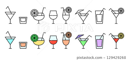 Alcoholic cocktail icons set. Cocktail glasses flat icons. Vector isolated on white background. 129429268