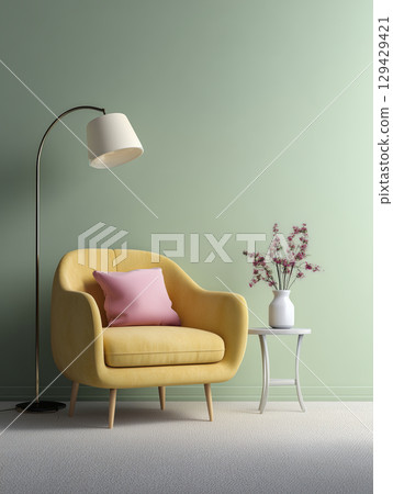 Cozy living room corner with yellow armchair, pink pillow, white side table, and tall floor lamp against soft green wall, creating calm and inviting atmosphere 129429421
