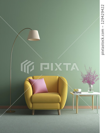 Cozy living room corner with yellow armchair, pink pillow, white side table with vase of pink flowers, and tall floor lamp against green wall. space is bright and inviting, perfect for relaxing 129429422