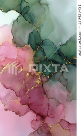 This abstract alcohol ink painting features soft pink and green hues with gold accents, creating calming and elegant visual effect that evokes serenity and sophistication This abstract alcohol ink painting features soft pink and green hues with gold accents, creating calming and elegant visual effect that evokes serenity and sophistication 129429451