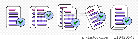 Documents icon. Business icon. Confirmed or approved document. Linear style pictogram vector isolated on background. 129429545