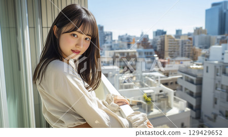 A woman looking at the beautiful view from the balcony 129429652