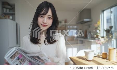 Woman reading a magazine in the living room Woman reading a magazine in the living room 129429670