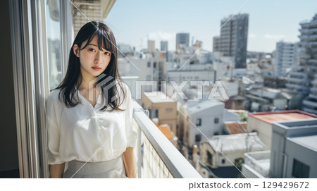 A woman looking at the beautiful view from the balcony 129429672