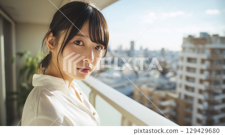 A woman looking at the beautiful view from the balcony A woman looking at the beautiful view from the balcony 129429680