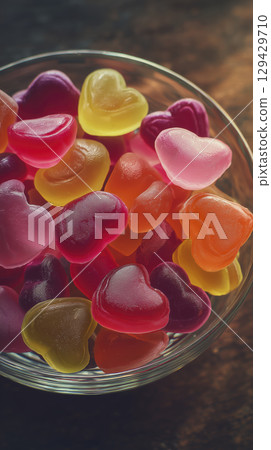 Colorful vibrant heart shaped gummy candy fills clear glass bowl, sweet food snack and treat perfect for parties or Valentine Day, evoking feelings of joy and celebration 129429710