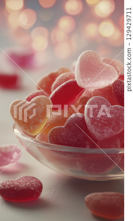 Beautiful bowl of heart shaped chewy gummy candies evokes sweet love and romance, perfect for valentine or festive celebration, close up detail captures vibrant pink red color 129429711
