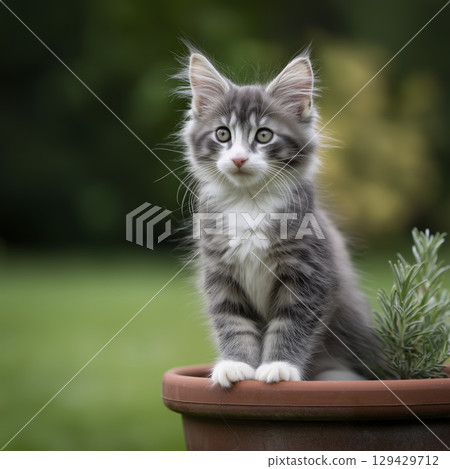Adorable grey and white kitten appears curious and alert sitting inside terracotta pot outdoors in sunny garden enjoying day. Fluffy young domestic feline watches with bright eyes 129429712