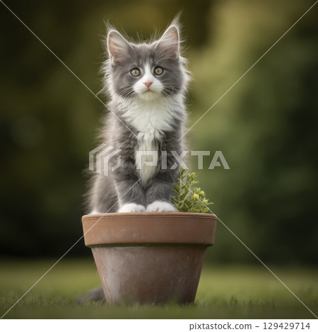 Fluffy gray white Maine Coon kitten sitting on terra cotta flower pot in sunny outdoor garden. Small innocent animal portrait expresses sweetness and curiosity from young feline 129429714