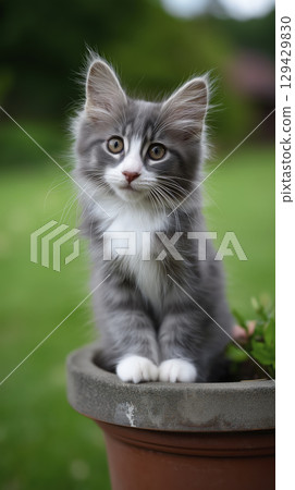Cute fluffy kitten with grey and white fur sits in garden pot outdoor. Expression shows curiosity and innocence looking directly at camera on sunny day in nature 129429830