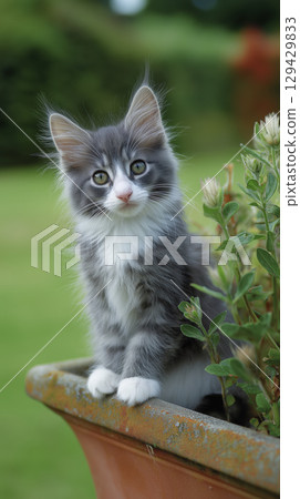 Cute fluffy grey and white kitten sitting alertly outdoors in terracotta planter pot in sunny garden. small domestic cat displays curious expression. Soft fluffy fur details are visible Cute fluffy grey and white kitten sitting alertly outdoors in terracotta planter pot in sunny garden. small domestic cat displays curious expression. Soft fluffy fur details are visible 129429833