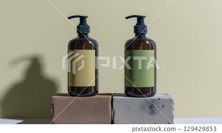 Two amber glass bottle, black pump dispenser, yellow label, green label. Stone, terracotta brick prop. Minimalist beige studio shot. Clean product composition with natural light, shadow Two amber glass bottle, black pump dispenser, yellow label, green label. Stone, terracotta brick prop. Minimalist beige studio shot. Clean product composition with natural light, shadow 129429853