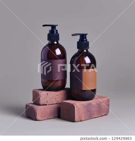 Two elegant amber glass bottle with sleek black label and pump dispenser stand on brown brick surface creating natural and organic feeling. Simple minimal design convey clean beauty 129429863