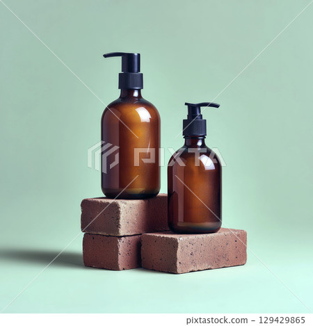 Amber glass bottle black pump label terracotta brick green background studio still life natural clean product display cosmetic soap lotion oil evokes calming feeling Amber glass bottle black pump label terracotta brick green background studio still life natural clean product display cosmetic soap lotion oil evokes calming feeling 129429865