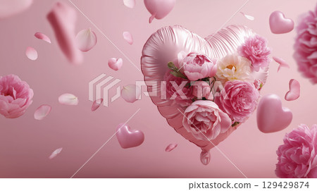 Soft pink background featuring large heart balloon decorated with beautiful flower blossom petals floating gently, evoking feelings of love, romance, joy and celebration for special holiday like 129429874